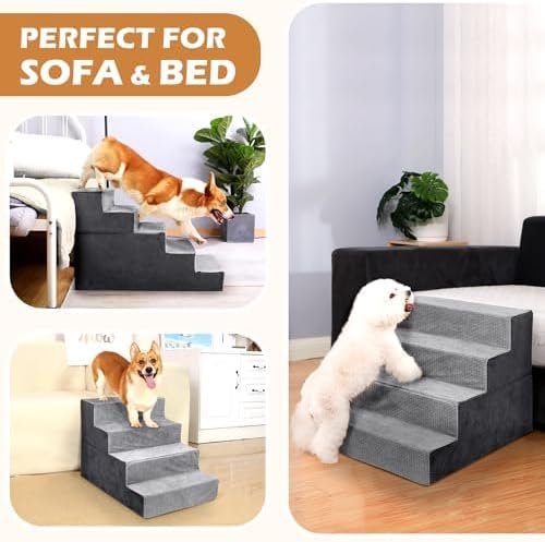 Dog Stairs for Small Dogs,5-Step Dog Steps for High Bed and Couch, High-Density Foam Pet Steps with Supporting Board, Non-Slip Removable Washable Cover