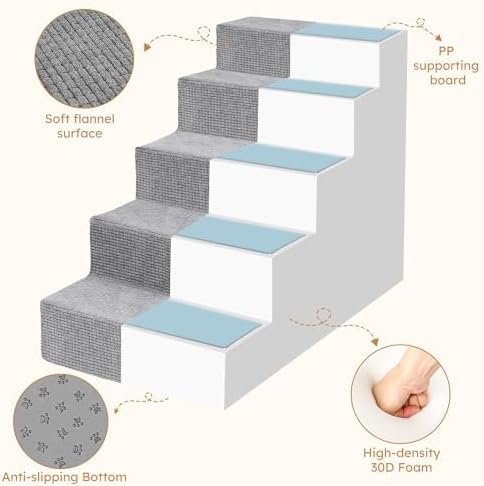 Dog Stairs for Small Dogs,5-Step Dog Steps for High Bed and Couch, High-Density Foam Pet Steps with Supporting Board, Non-Slip Removable Washable Cover