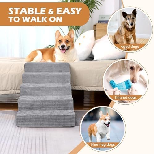 Dog Stairs for Small Dogs,5-Step Dog Steps for High Bed and Couch, High-Density Foam Pet Steps with Supporting Board, Non-Slip Removable Washable Cover