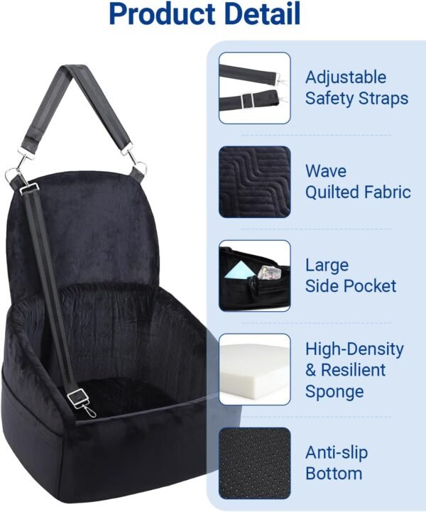 Dog Car Seat for Small Medium Dogs, Dog Booster Seat with Extendable Backrest, Pet Portable Car Seats up to 30 lbs, Washable Travel Bed with Storage Pockets and 2 Safety Leashes, Black