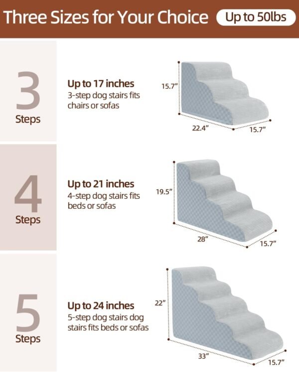 Dog Stairs Ramp for Couch 15.7" H, 3-Step Pet Stairs for Small Dogs with High Density Foam, Dog Slope Stairs with Durable Non-Slip Bottom for Puppy