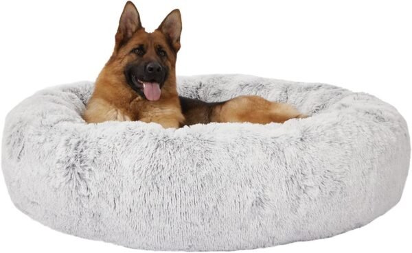 Calming Donut Dog Bed, 36 Inches Round Fluffy for Large Dogs, Anti-Anxiety Plush, Machine Washable