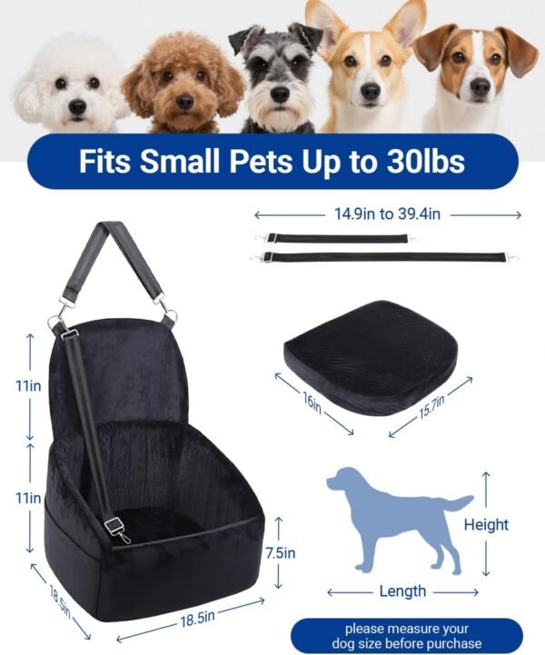 Dog Car Seat for Small Medium Dogs, Dog Booster Seat with Extendable Backrest, Pet Portable Car Seats up to 30 lbs, Washable Travel Bed with Storage Pockets and 2 Safety Leashes, Black