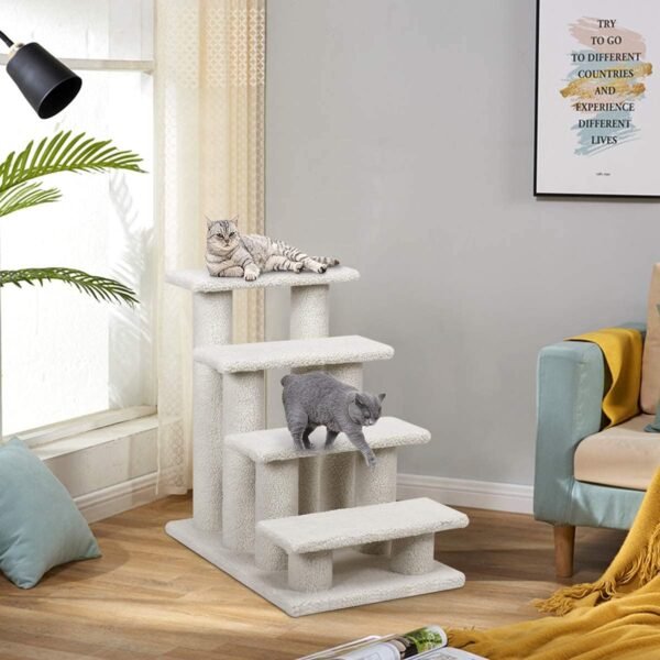 Pet Stairs for Cats and Dogs, 4-Step Carpeted Ladder Ramp Cat Climber Cat Scratching Post, Multi-Step Dog Stairs for High Beds, Couch