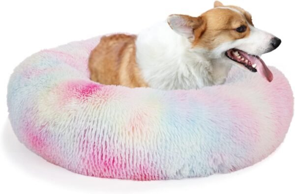 Small Calming Dogs Bed for Small Dogs Anti-Anxiety Machine Washable Fluffy Luxury Anti-Slip Waterproof Mute Base Warming Cozy Soft Pet Puppy Round Bed