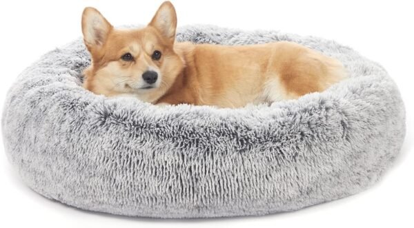 Calming Donut Dog Bed, 36 Inches Round Fluffy for Large Dogs, Anti-Anxiety Plush, Machine Washable