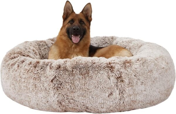 Calming Donut Dog Bed, 36 Inches Round Fluffy for Large Dogs, Anti-Anxiety Plush, Machine Washable