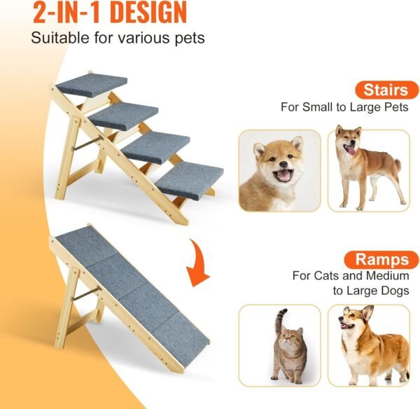 Wood Pet Stairs/Pet Steps, 2-in-1 Foldable Wooden Dog Stair for Beds, Sofa and Cars, Dog Stairs & Ramp with 4 Steps for Small Medium Large Pet, up to 150 lbs