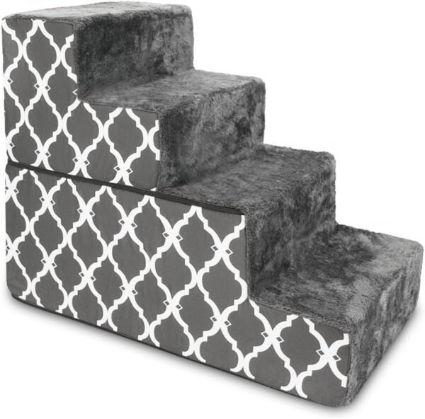 Foldable Foam Pet Steps for Small Dogs and Cats, Portable Ramp Stairs for Couch, Sofa, and High Bed Climbing, Non-Slip Balanced Step Support, Paw Safe - Gray Lattice, 4-Step (H: 22")