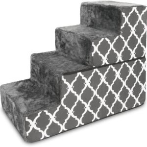 Foldable Foam Pet Steps for Small Dogs and Cats, Portable Ramp Stairs for Couch, Sofa, and High Bed Climbing, Non-Slip Balanced Step Support, Paw Safe - Gray Lattice, 4-Step (H: 22")