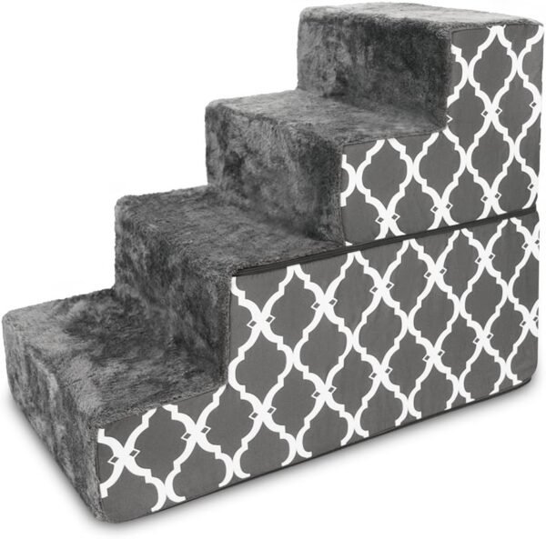 Foldable Foam Pet Steps for Small Dogs and Cats, Portable Ramp Stairs for Couch, Sofa, and High Bed Climbing, Non-Slip Balanced Step Support, Paw Safe - Gray Lattice, 4-Step (H: 22")
