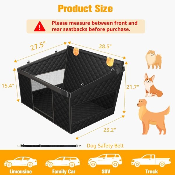 Large Dog Car Seat, Back Seat Extender for Dogs with 3 Mesh Windows, Waterproof Medium Carseat for Dogs with 4-Splice Hard Bottom, Pet Seat Cover for Cars, Trucks and SUVs (Black)