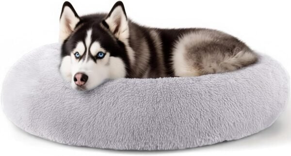 Dog & Cat Bed for Indoor Cats, 20in Calming Donut Bed for Puppy and Kitten, Washable Round Fluffy Pet Bed for Small Medium Dogs and Cats (Light Grey)