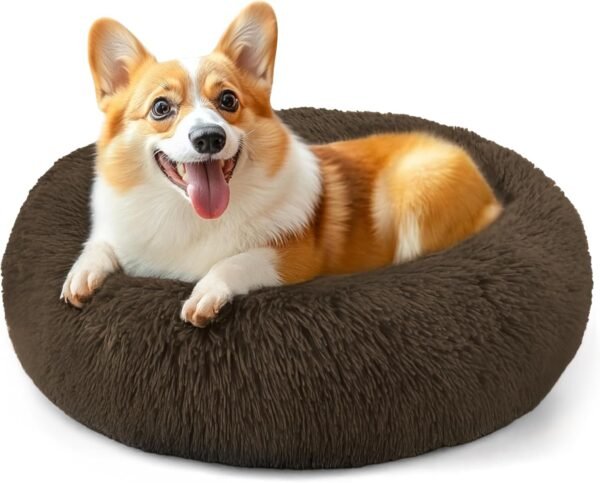Dog & Cat Bed for Indoor Cats, 20in Calming Donut Bed for Puppy and Kitten, Washable Round Fluffy Pet Bed for Small Medium Dogs and Cats (Light Grey)