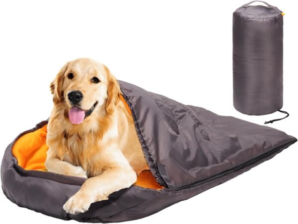 Dog Sleeping Bag with Storage Bag Waterproof Warm Packable Dog Bed for Travel Camping Hiking Backpacking (Grey+Orange)