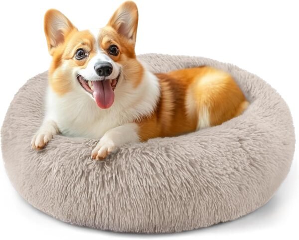 Dog & Cat Bed for Indoor Cats, 20in Calming Donut Bed for Puppy and Kitten, Washable Round Fluffy Pet Bed for Small Medium Dogs and Cats (Light Grey)