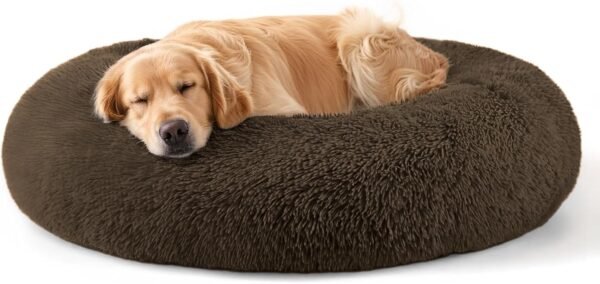 Dog & Cat Bed for Indoor Cats, 20in Calming Donut Bed for Puppy and Kitten, Washable Round Fluffy Pet Bed for Small Medium Dogs and Cats (Light Grey)