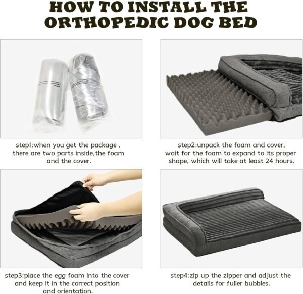 Orthopedic Dog Beds for Large Dogs, XLarge Waterproof Dog Bed with L Bolster Sides, Washable Big Pet Bed with Removable Cover & Non-Slip Bottom, 40 x 28 inch, Gray