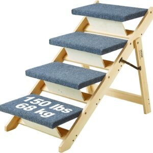 Wood Pet Stairs/Pet Steps, 2-in-1 Foldable Wooden Dog Stair for Beds, Sofa and Cars, Dog Stairs & Ramp with 4 Steps for Small Medium Large Pet, up to 150 lbs