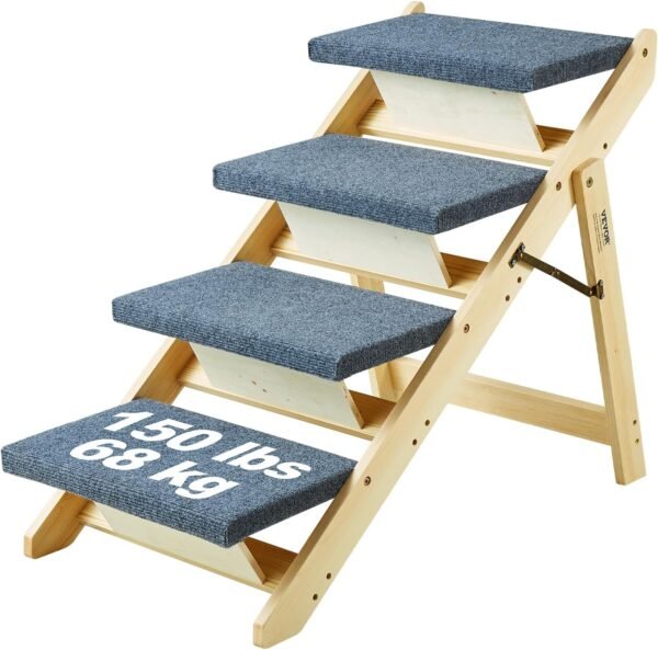 Wood Pet Stairs/Pet Steps, 2-in-1 Foldable Wooden Dog Stair for Beds, Sofa and Cars, Dog Stairs & Ramp with 4 Steps for Small Medium Large Pet, up to 150 lbs