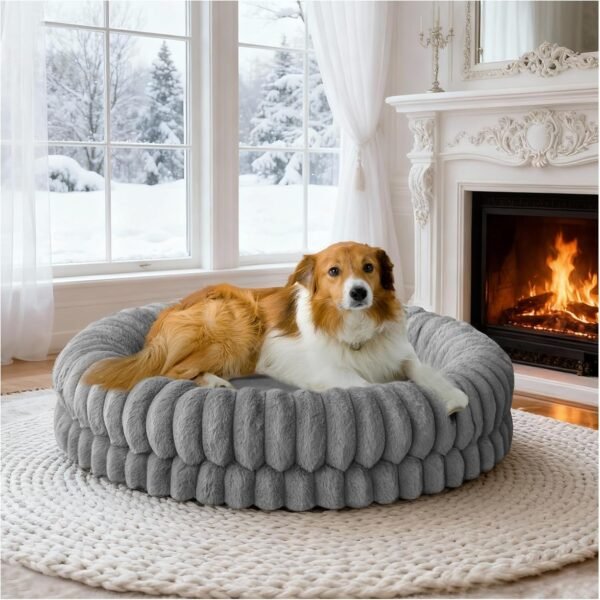 Luxury Donut Dog Bed, 30 Inches Round Dog Bed Medium Size Dogs Washable, Orthopedic Calming Dogs Bed for Pets with Anti-Slip Bottom, Oatmeal