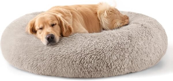 Dog & Cat Bed for Indoor Cats, 20in Calming Donut Bed for Puppy and Kitten, Washable Round Fluffy Pet Bed for Small Medium Dogs and Cats (Light Grey)