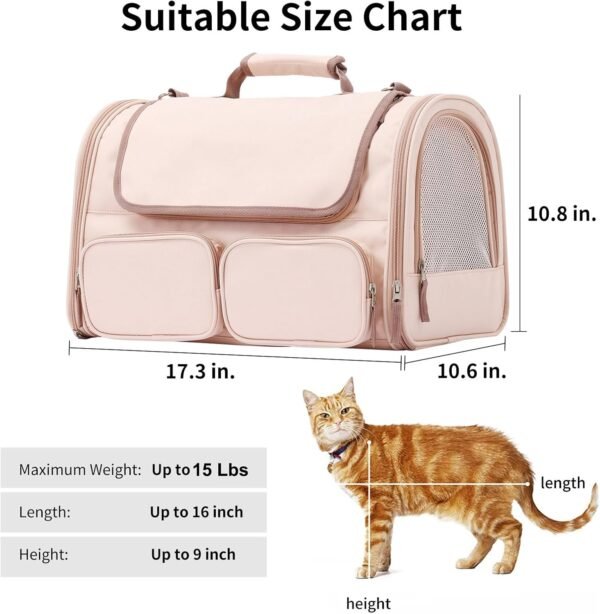 Cat Carrier, 4 Mesh Windows Small Dog Carrier, 4 Storage Pockets Cat Travel Bag, Under 15 lb Airline Approved Pet Carrier, Rollable Cover for Nervous Cats, Pink