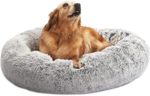 Calming Donut Dog Bed, 36 Inches Round Fluffy for Large Dogs, Anti-Anxiety Plush, Machine Washable