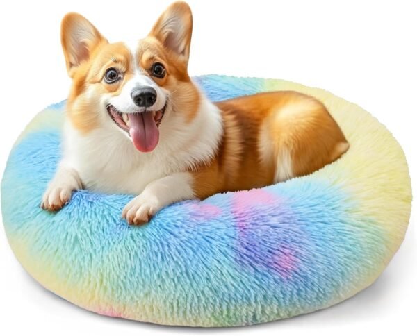 Dog & Cat Bed for Indoor Cats, 20in Calming Donut Bed for Puppy and Kitten, Washable Round Fluffy Pet Bed for Small Medium Dogs and Cats (Light Grey)
