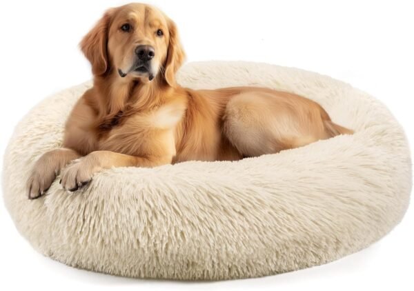 Dog & Cat Bed for Indoor Cats, 20in Calming Donut Bed for Puppy and Kitten, Washable Round Fluffy Pet Bed for Small Medium Dogs and Cats (Light Grey)
