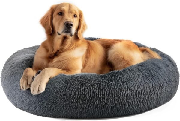Dog & Cat Bed for Indoor Cats, 20in Calming Donut Bed for Puppy and Kitten, Washable Round Fluffy Pet Bed for Small Medium Dogs and Cats (Light Grey)