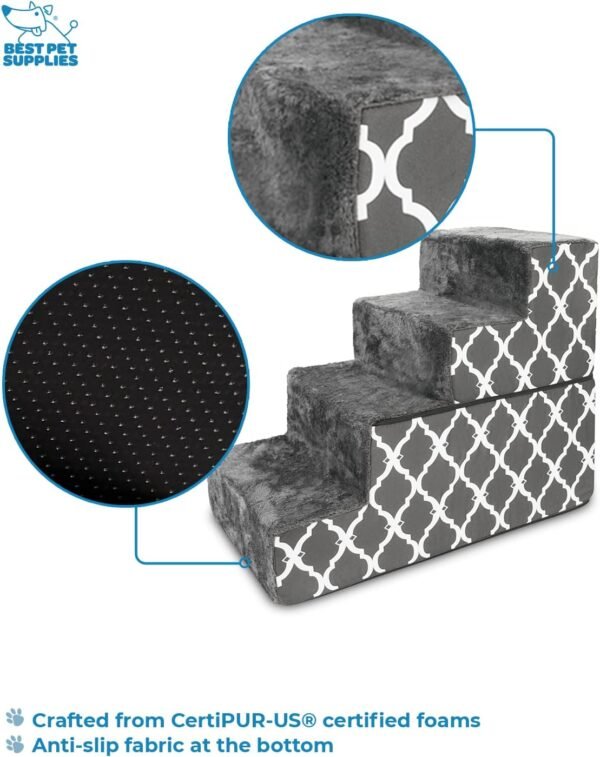 Foldable Foam Pet Steps for Small Dogs and Cats, Portable Ramp Stairs for Couch, Sofa, and High Bed Climbing, Non-Slip Balanced Step Support, Paw Safe - Gray Lattice, 4-Step (H: 22")