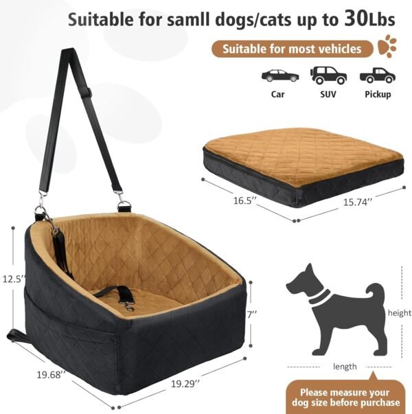 Dog Car Seat for Small Medium Dogs,Detachable Washable Dog Booster Seat Under 30lbs, Pet Car Seat Travel Bed with Storage Pockets and Dog Safety Belt