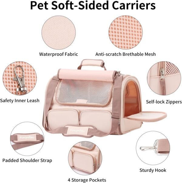 Cat Carrier, 4 Mesh Windows Small Dog Carrier, 4 Storage Pockets Cat Travel Bag, Under 15 lb Airline Approved Pet Carrier, Rollable Cover for Nervous Cats, Pink