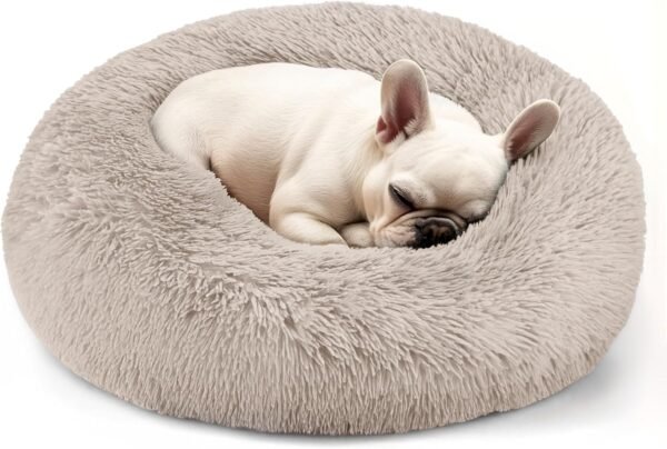 Dog & Cat Bed for Indoor Cats, 20in Calming Donut Bed for Puppy and Kitten, Washable Round Fluffy Pet Bed for Small Medium Dogs and Cats (Light Grey)