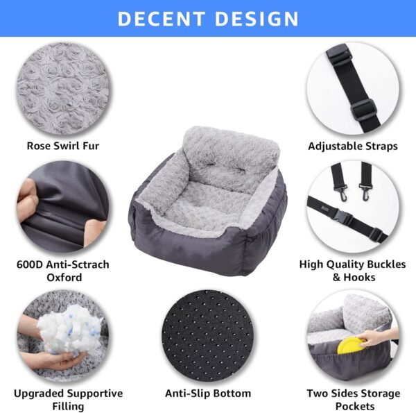 Dog Car Seat for Small Dogs,Washable Pet Booster Car Seats with Clip-On Safty Leash, Comfy Deluxe Plush Carseat with Storage Pockets, Puppy Car Travel Carrier Bed for Dogs Under 25 lbs, Grey