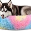 Dog & Cat Bed for Indoor Cats, 20in Calming Donut Bed for Puppy and Kitten, Washable Round Fluffy Pet Bed for Small Medium Dogs and Cats (Light Grey)