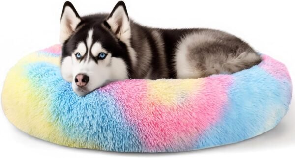 Dog & Cat Bed for Indoor Cats, 20in Calming Donut Bed for Puppy and Kitten, Washable Round Fluffy Pet Bed for Small Medium Dogs and Cats (Light Grey)
