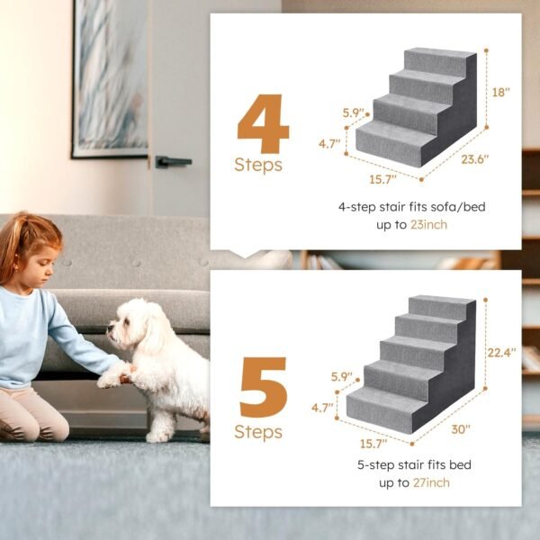Dog Stairs for Small Dogs,5-Step Dog Steps for High Bed and Couch, High-Density Foam Pet Steps with Supporting Board, Non-Slip Removable Washable Cover