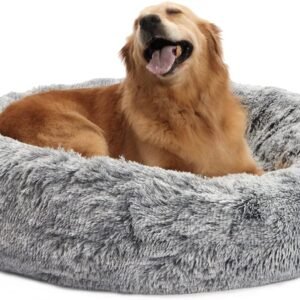 Calming Donut Dog Bed, 36 Inches Round Fluffy for Large Dogs, Anti-Anxiety Plush, Machine Washable