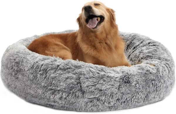 Calming Donut Dog Bed, 36 Inches Round Fluffy for Large Dogs, Anti-Anxiety Plush, Machine Washable