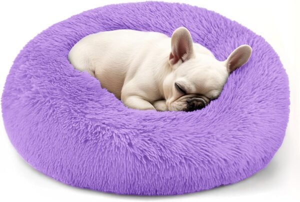 Dog & Cat Bed for Indoor Cats, 20in Calming Donut Bed for Puppy and Kitten, Washable Round Fluffy Pet Bed for Small Medium Dogs and Cats (Light Grey)