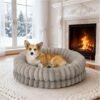 Luxury Donut Dog Bed, 30 Inches Round Dog Bed Medium Size Dogs Washable, Orthopedic Calming Dogs Bed for Pets with Anti-Slip Bottom, Oatmeal