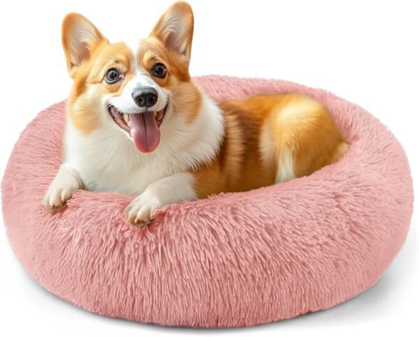 Dog & Cat Bed for Indoor Cats, 20in Calming Donut Bed for Puppy and Kitten, Washable Round Fluffy Pet Bed for Small Medium Dogs and Cats (Light Grey)