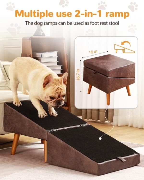 Dog Stairs for Small Dogs and Cats, Dog Ramp for Couch and Bed, Foldable 2-in-1 Wooden Pet Steps for Puppy, Split Ottoman Design（Brown）