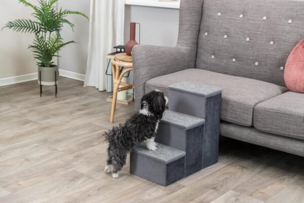 Velour 3-Step Pet Stairs with Storage, Collapsible, Storage Compartments for Pet Toys,Gray