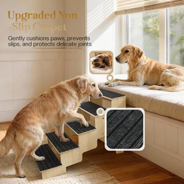 5-Step Wooden Dog Steps for Bed, Anti-Slip Dog Stairs with Carpet Pads, 23.6 Inches Pet Ramp for Dogs to Get on Bed, Pet Stairs for Old & Senior Dogs/Cats, Pet Steps Ladder for High Beds/Couch Sofa