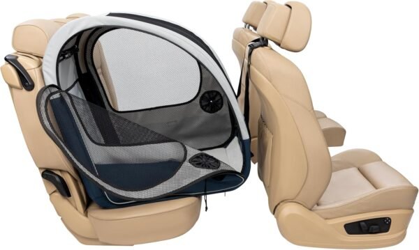 Happy Ride Collapsible Travel Crate - Safe Travel Containment with Heavy Duty Aluminum Frame, Mesh Windows, Convenient Storage Pockets & Secure Seat Belt Access - Road Trip Crate