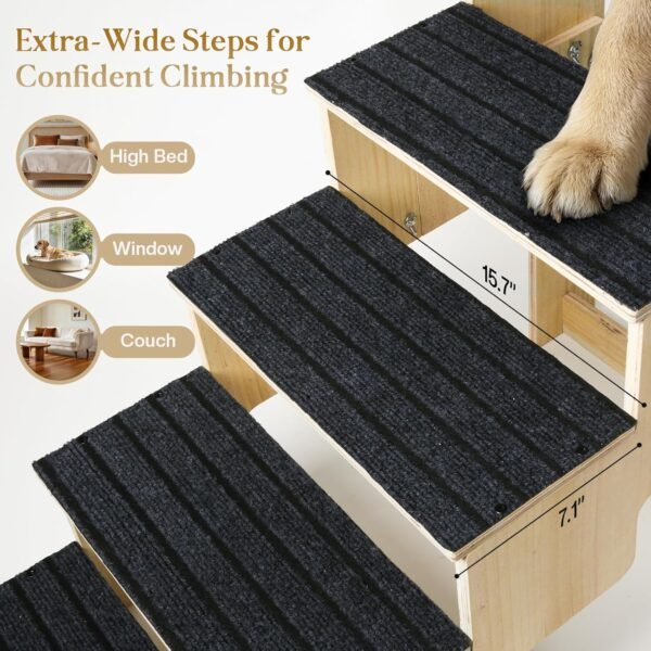 5-Step Wooden Dog Steps for Bed, Anti-Slip Dog Stairs with Carpet Pads, 23.6 Inches Pet Ramp for Dogs to Get on Bed, Pet Stairs for Old & Senior Dogs/Cats, Pet Steps Ladder for High Beds/Couch Sofa
