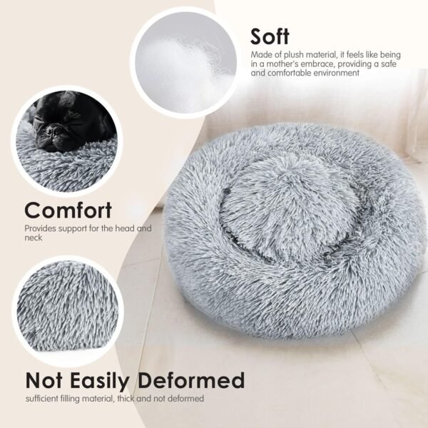 Dog & Cat Bed for Indoor Cats, 20in Calming Donut Bed for Puppy and Kitten, Washable Round Fluffy Pet Bed for Small Medium Dogs and Cats (Light Grey)